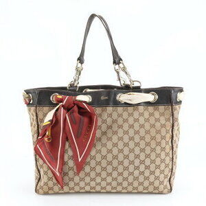 Gucci GG Canvas Scarf Leather Tote Bag Shoulder Handbag Brown